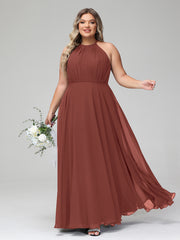 Robe Longue en Mousseline à Col Licou avec Jupe Circulaire terracotta Grande Taille