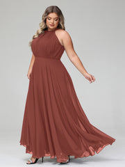 Robe Longue en Mousseline à Col Licou avec Jupe Circulaire terracotta Grande Taille