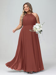 Robe Longue en Mousseline à Col Licou avec Jupe Circulaire terracotta Grande Taille