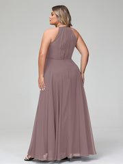 Robe Longue en Mousseline à Col Licou avec Jupe Circulaire Vintage Mauve Grande Taille
