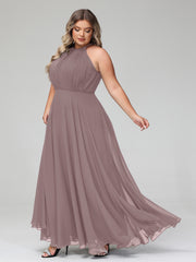 Robe Longue en Mousseline à Col Licou avec Jupe Circulaire Vintage Mauve Grande Taille
