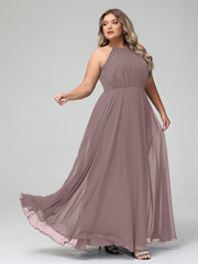 Robe Longue en Mousseline à Col Licou avec Jupe Circulaire Vintage Mauve Grande Taille