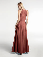 Robe Longue en Mousseline à Col Licou avec Jupe Circulaire terracotta