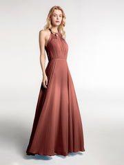 Robe Longue en Mousseline à Col Licou avec Jupe Circulaire terracotta