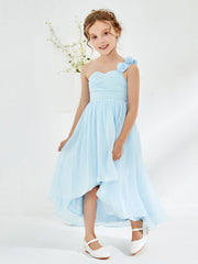 Robes de Demoiselle d'Honneur Junior Asymétriques à Une Épaule Florale Bleu Ciel