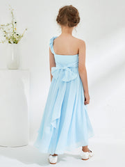 Robes de Demoiselle d'Honneur Junior Asymétriques à Une Épaule Florale Bleu Ciel