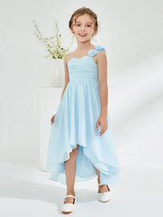Robes de Demoiselle d'Honneur Junior Asymétriques à Une Épaule Florale Bleu Ciel