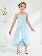 Robes de Demoiselle d'Honneur Junior Asymétriques à Une Épaule Florale Bleu Ciel