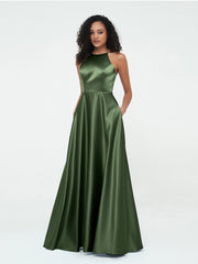 A-ligne Robes Maxi à Licou en Satin avec Poches Olive Verte Grande Taille