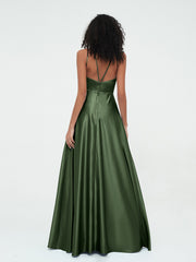 A-ligne Robes Maxi à Licou en Satin avec Poches Olive Verte