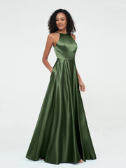 A-ligne Robes Maxi à Licou en Satin avec Poches Olive Verte