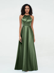 A-ligne Robes Maxi à Licou en Satin avec Poches Olive Verte