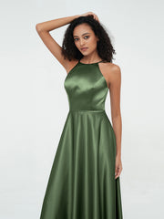 A-ligne Robes Maxi à Licou en Satin avec Poches Olive Verte Grande Taille