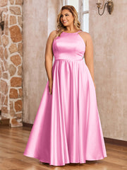 A-ligne Robes Maxi à Licou en Satin avec Poches Rose Bonbon
