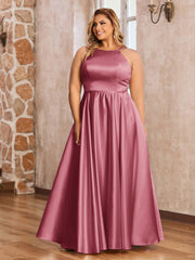 A-ligne Robes Maxi à Licou en Satin avec Poches Cannelle Rose Grande Taille