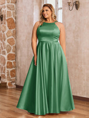 A-ligne Robes Maxi à Licou en Satin avec Poches Emeraude
