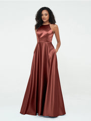 A-ligne Robes Maxi à Licou en Satin avec Poches terracotta