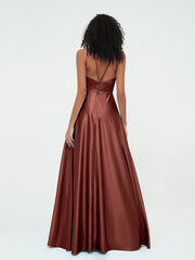 A-ligne Robes Maxi à Licou en Satin avec Poches terracotta