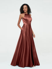 A-ligne Robes Maxi à Licou en Satin avec Poches terracotta