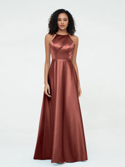 A-ligne Robes Maxi à Licou en Satin avec Poches terracotta