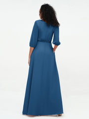 Col en V Profond Demi-Manches Robes Maxi en Mousseline Bleu Encre Grande Taille