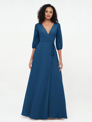 Col en V Profond Demi-Manches Robes Maxi en Mousseline Bleu Encre Grande Taille