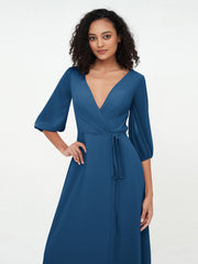 Col en V Profond Demi-Manches Robes Maxi en Mousseline Bleu Encre Grande Taille