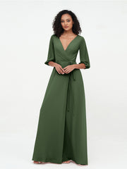 Col en V Profond Demi-Manches Robes Maxi en Mousseline Olive Verte Grande Taille