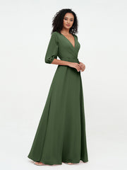 Col en V Profond Demi-Manches Robes Maxi en Mousseline Olive Verte Grande Taille