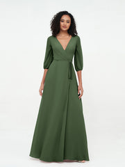 Col en V Profond Demi-Manches Robes Maxi en Mousseline Olive Verte