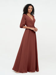 Col en V Profond Demi-Manches Robes Maxi en Mousseline terracotta