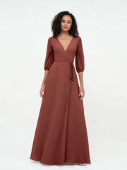 Col en V Profond Demi-Manches Robes Maxi en Mousseline terracotta