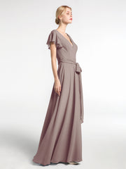 Robe en Mousseline à Col en V à Mancherons avec Auto-nœud Dusk Grande Taille