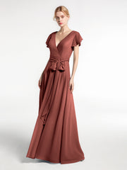 Robe en Mousseline à Col en V à Mancherons avec Auto-nœud terracotta