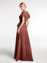 Robe en Mousseline à Col en V à Mancherons avec Auto-nœud terracotta