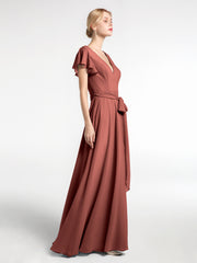 Robe en Mousseline à Col en V à Mancherons avec Auto-nœud terracotta