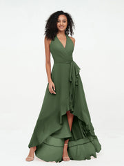 Robes Asymétriques à Licou en Mousseline à Col en V Profond Olive Verte