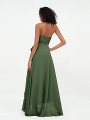 Robes Asymétriques à Licou en Mousseline à Col en V Profond Olive Verte