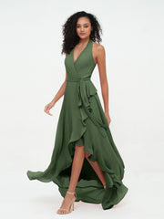 Robes Asymétriques à Licou en Mousseline à Col en V Profond Olive Verte
