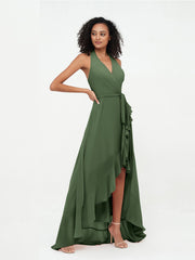 Robes Asymétriques à Licou en Mousseline à Col en V Profond Olive Verte