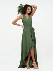 Robes Asymétriques à Licou en Mousseline à Col en V Profond Olive Verte