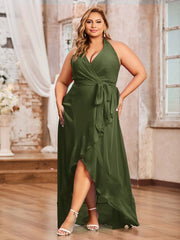 Robes Asymétriques à Licou en Mousseline à Col en V Profond Olive Verte Grande Taille