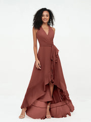 Robes Asymétriques à Licou en Mousseline à Col en V Profond terracotta