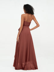 Robes Asymétriques à Licou en Mousseline à Col en V Profond terracotta