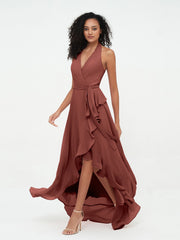 Robes Asymétriques à Licou en Mousseline à Col en V Profond terracotta