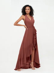 Robes Asymétriques à Licou en Mousseline à Col en V Profond terracotta