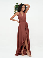 Robes Asymétriques à Licou en Mousseline à Col en V Profond terracotta