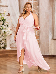 Robes Asymétriques à Licou en Mousseline à Col en V Profond Rose Pâle Grande Taille