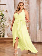 Robes Asymétriques à Licou en Mousseline à Col en V Profond Jonquille Grande Taille