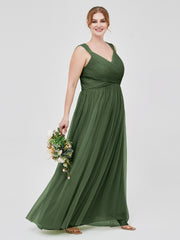 CROISÉ-Plissée Tulle Robes Longues Avec Bretelles Perlées Olive Verte